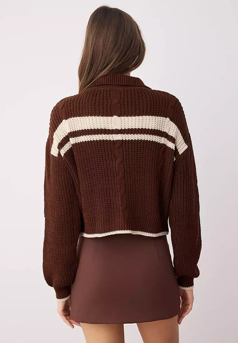 Brown Crop Block Stand Collar Knitwear Cardigan