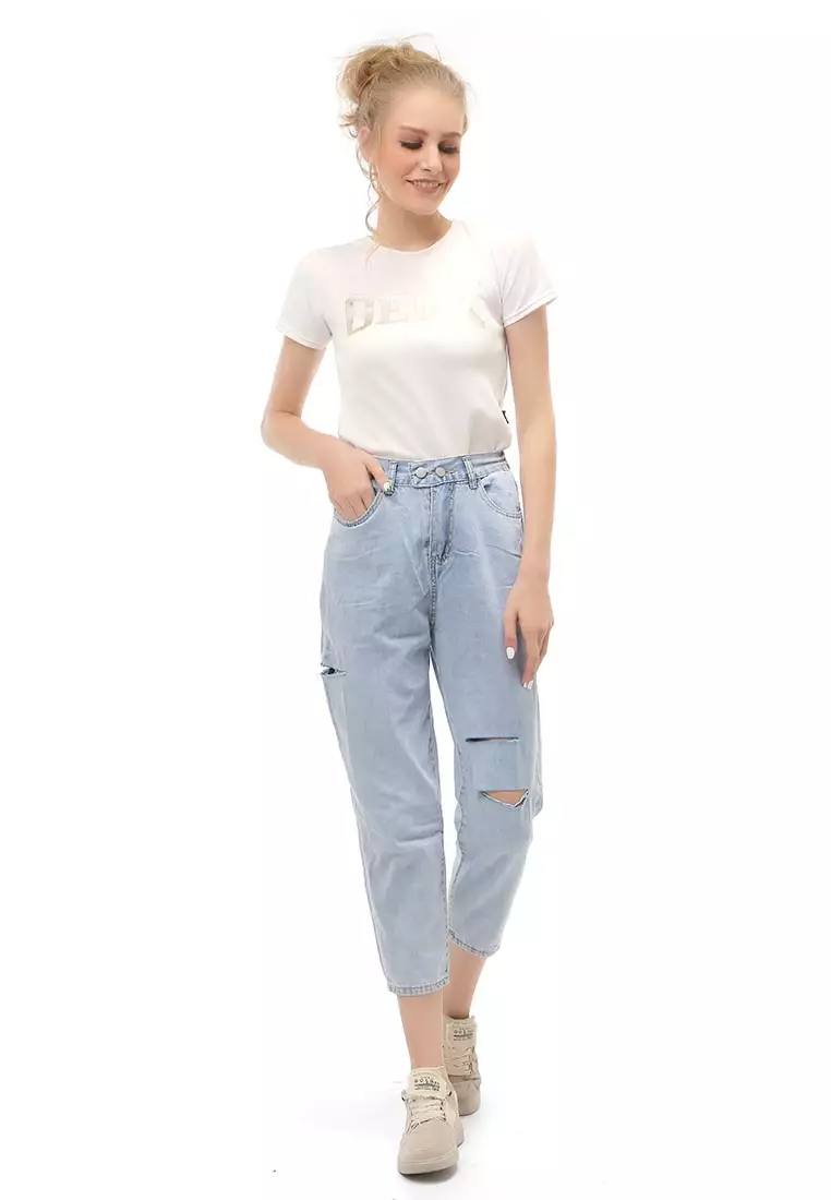 Jourel Celana Panjang Cropped Wanita Casual Material Denim ORIGINAL - Light Blue