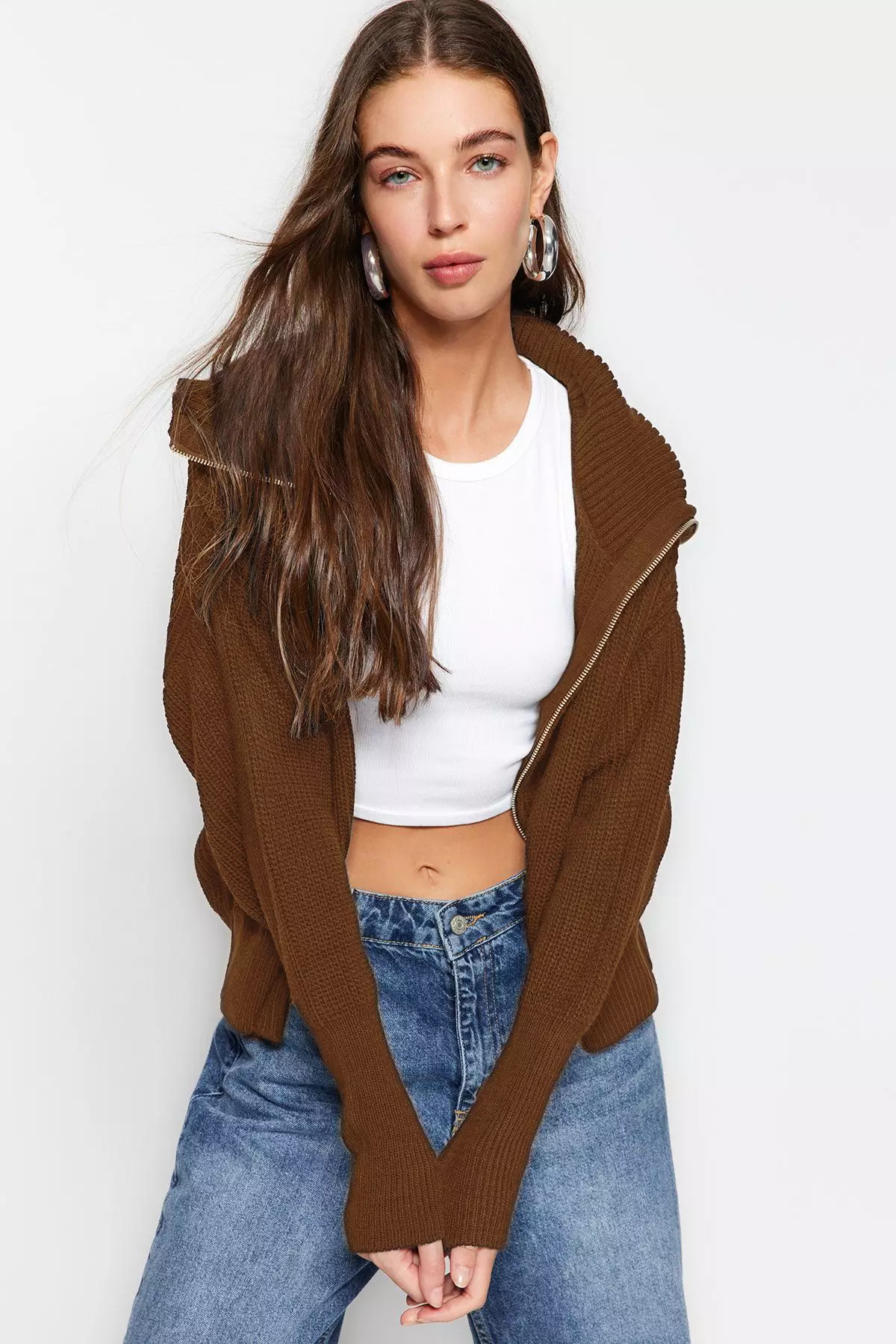 Light Brown Wide Fit Turn Down Collar Zipper Knitwear Cardigan