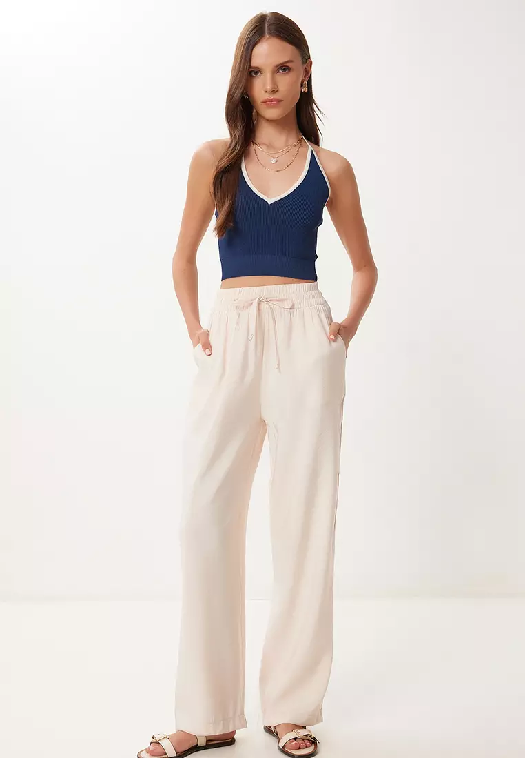 Women's Cream Wide Leg Summer Modal Trousers Bv00157