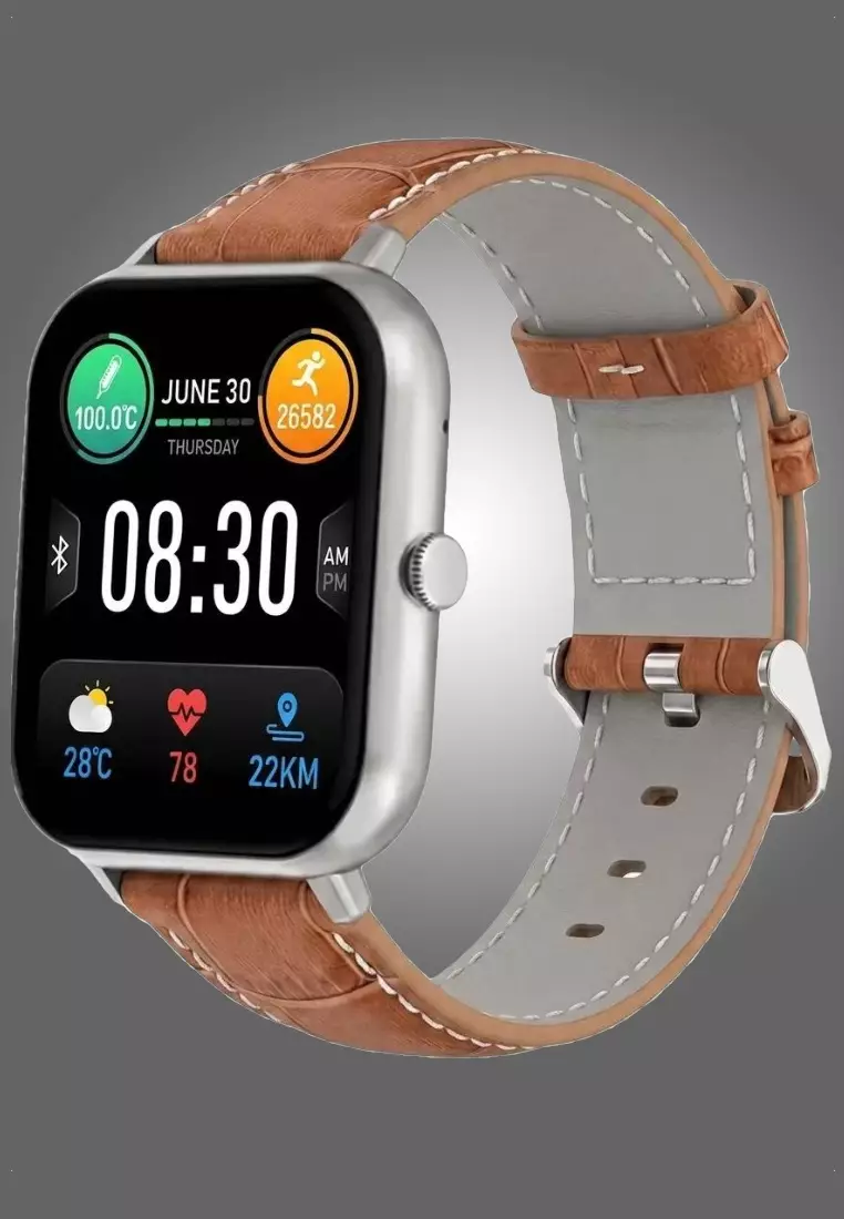 Smart and Elegant - Unisex Rectangular Smart Watch iOS/Android - Leather Strap + 1 Silver Silicone Strap