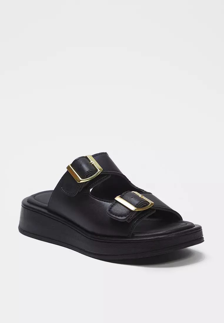 Black Double Banded Buckle Detailed Thick Sole Women's Slippers Takss25Te00044