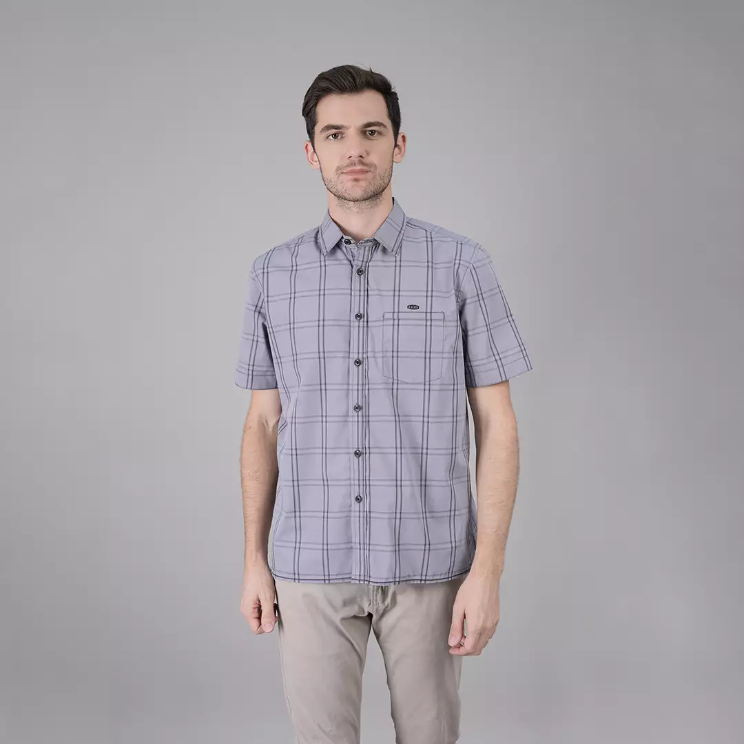 LGS - Kemeja Casual Pria Lengan Pendek Warna Abu-Abu Muda Motif Kotak-Kotak Tartan - CSH.270.S730.1297.C