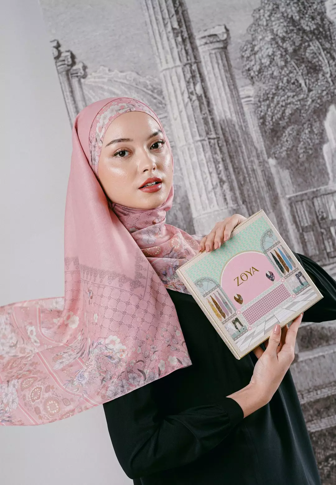 ZETTA Scarf Dusty Pink - Kerudung Hijab Segiempat Motif - Bahan Voal Premium - Ukuran 115x115