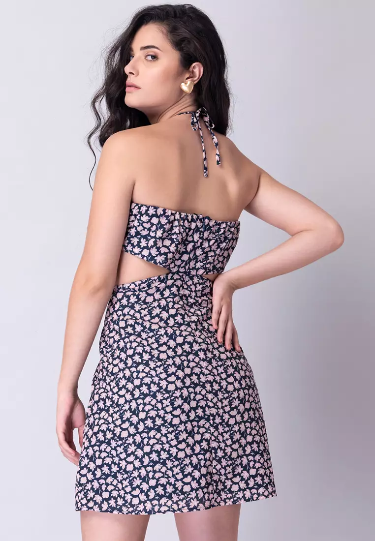 Navy Floral Halter Cut Out Mini Dress