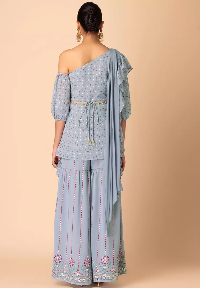 Light Blue Foil Print Sharara And Short Kurta With Attached Ruffled Dupatta And Belt (Set of 3)
