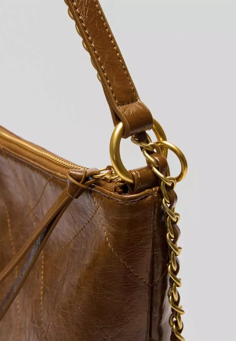 Pale Quilted Hobo Bag With Chain Strap