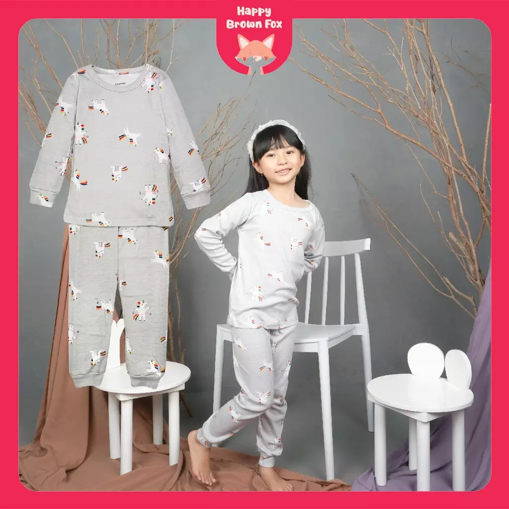 BAJU TIDUR PIYAMA ANAK SETELAN ANAK PEREMPUAN LENGAN PANJANG -  Grey Small Unicorn