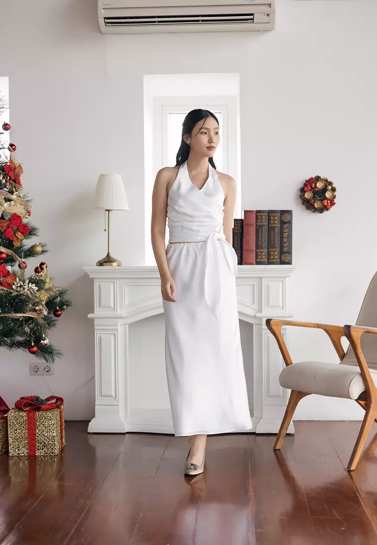 Satin Tie Halter Tank in White