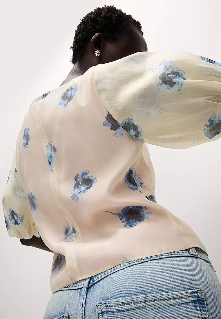 Organza Floral V-Neck Puff Sleeve Blouse