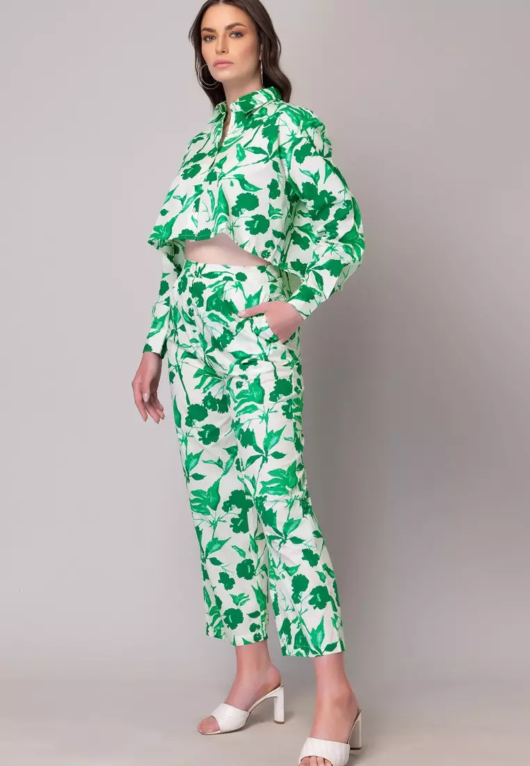 White And Green Floral Print Cotton Top And Pants Co-ord Set