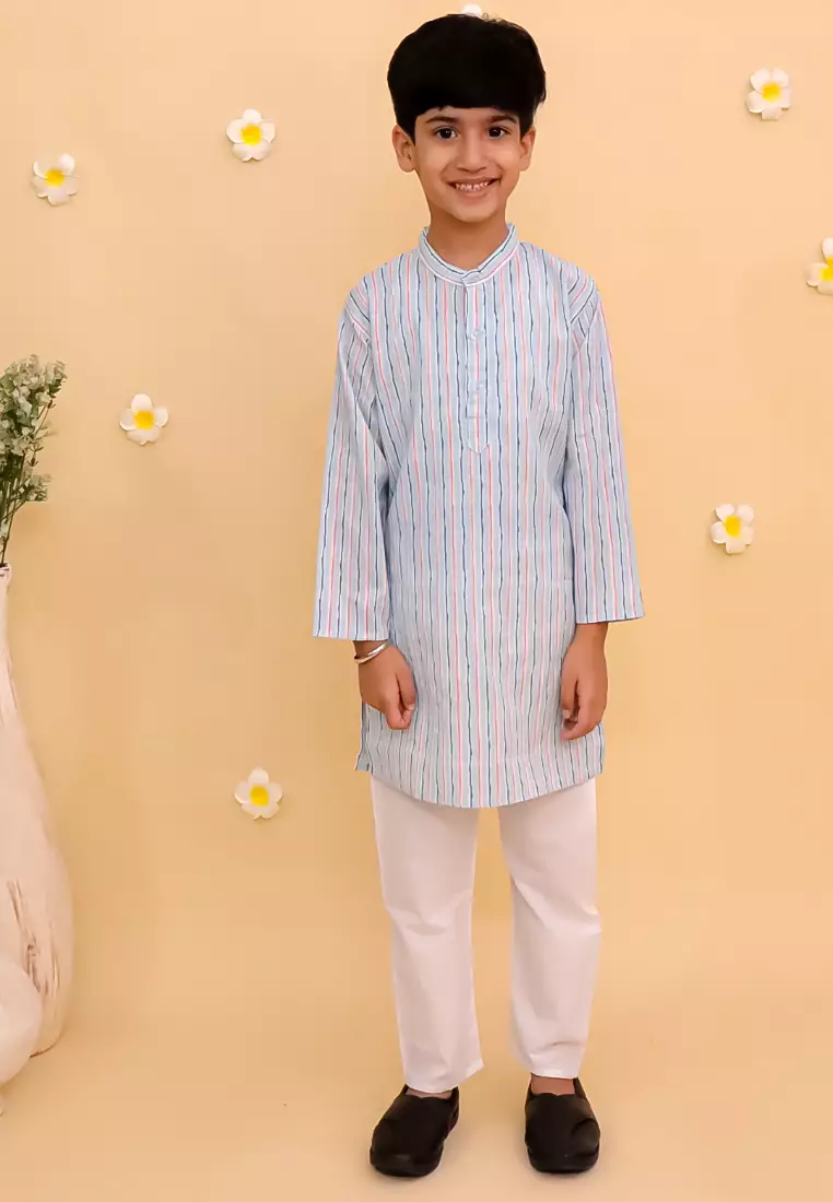 The Mom Store Megh Malhaar Boys Floral Print Jacket And Kurta Pajama Set - Light Blue