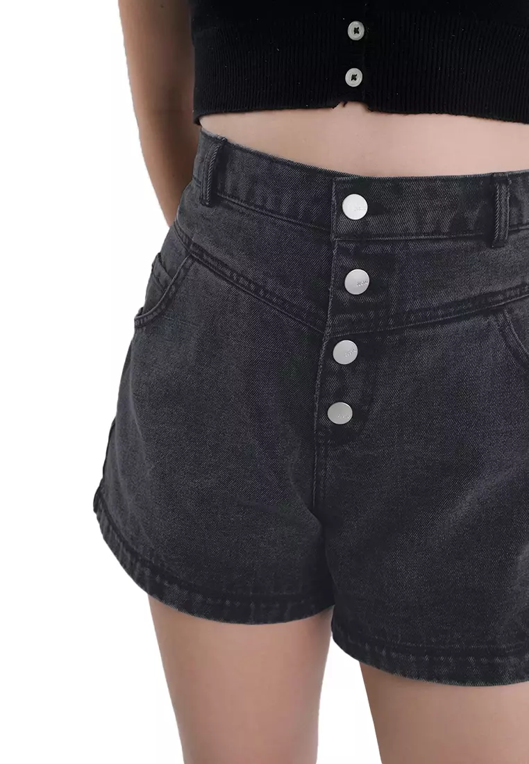 Button Front High Waist Acid Wash Denim Shorts