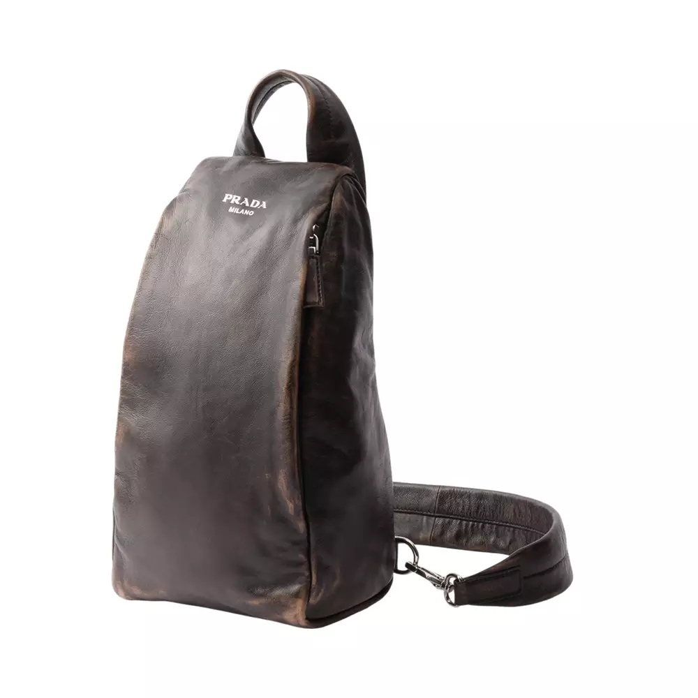 Triangle Logo Nappa Leather Sling Backpack Dark Brown