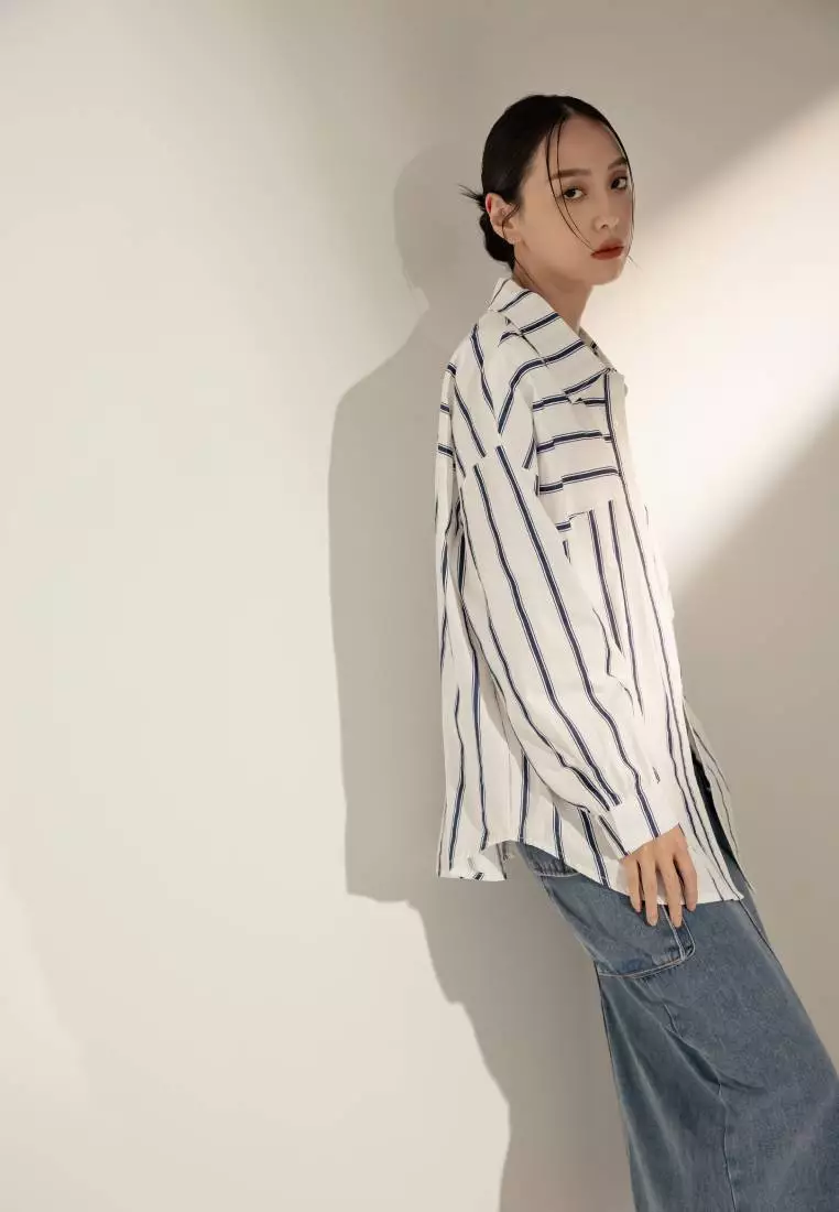 Wide-fit drop shoulder striped shirt [AB18921]