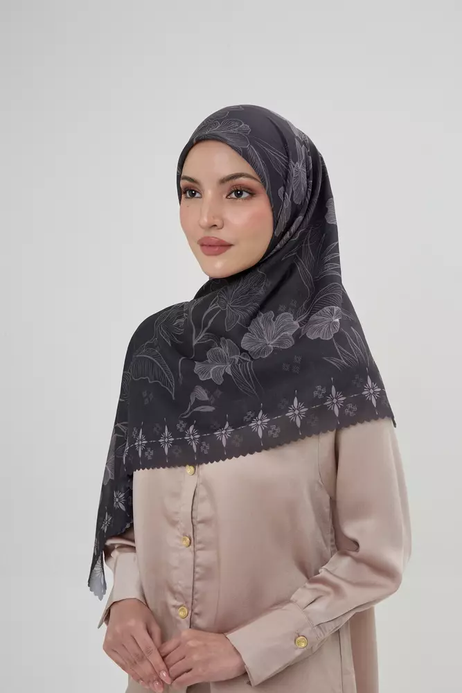 MFMW Twilight Scarf - Kerudung Segi Empat Premium Motif Bunga - Charcoal
