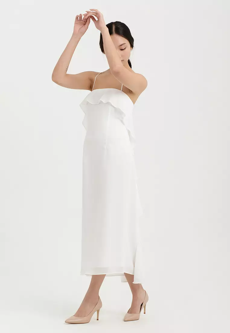 Waterfall Chiffon Midi Dress in White