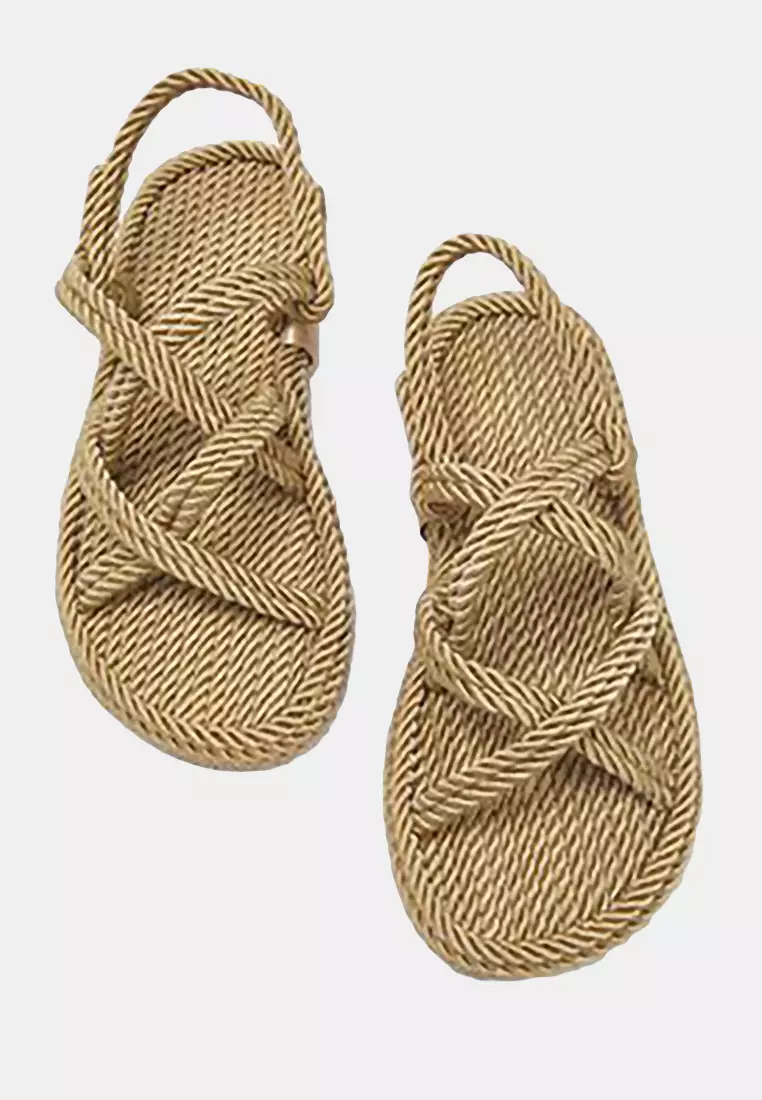 Camel Cross Strappy Rope Drawstring Women Straw Sandals Takss25Sd00056