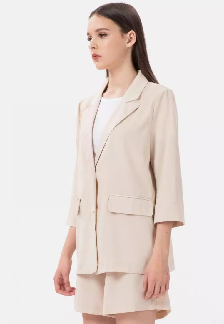 Mid Sleeve Blazer & Pants Suit in Cream