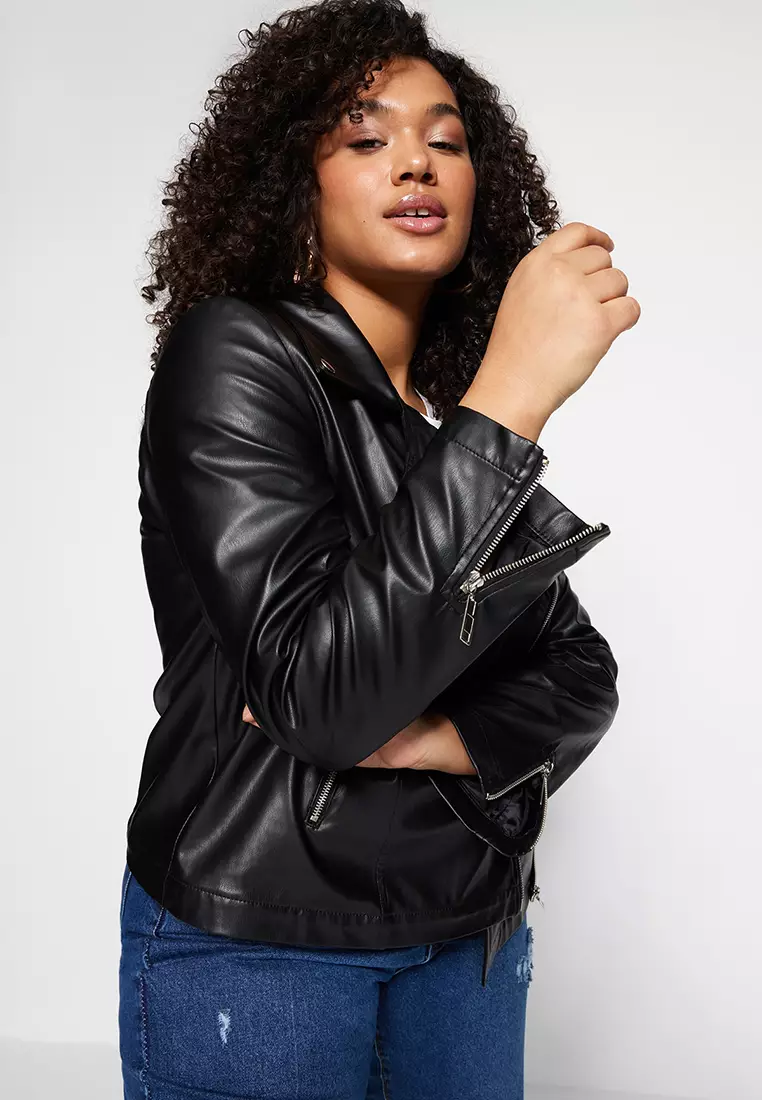 Plus Size Faux Leather Biker Jacket with Pocket