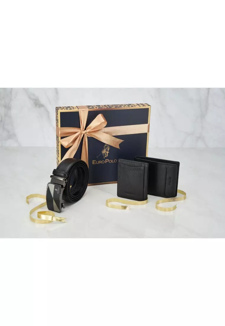 Euro Polo Men Gift Box 3-in-1 Set Top Grain Cow Leather Wallet & Men Belt & Cardholder EP SET
