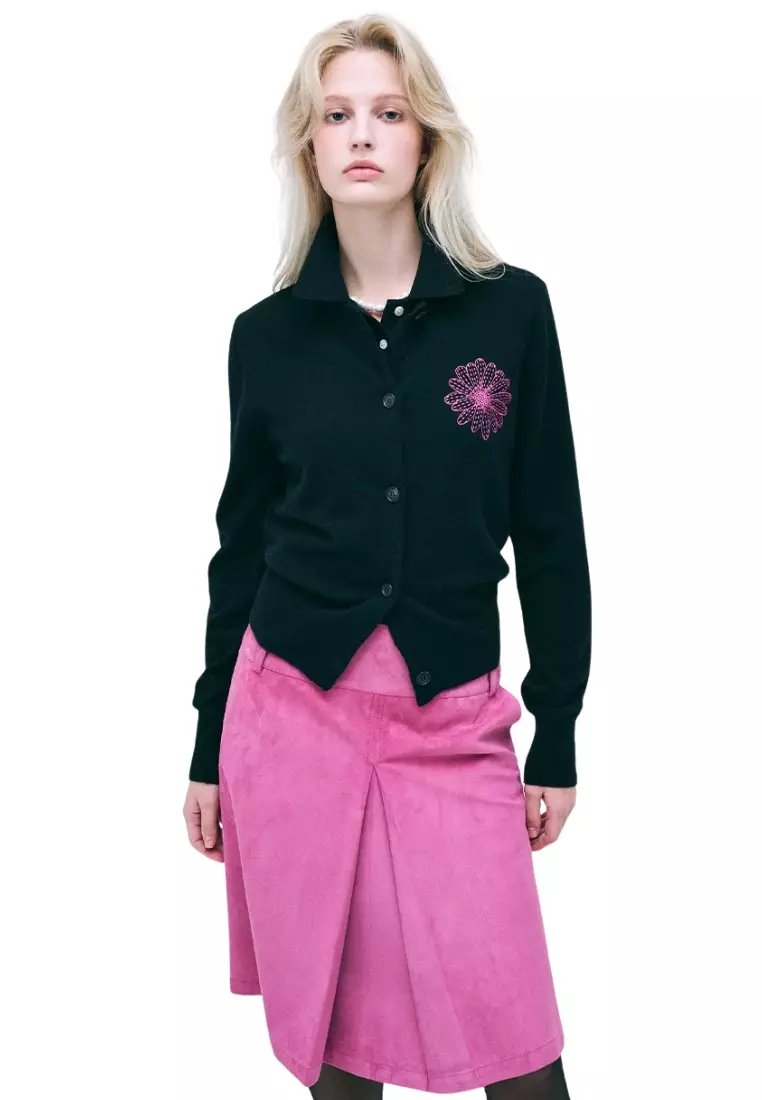 Raccoon Blended Cardigan Round Neck - Black Fuchsia