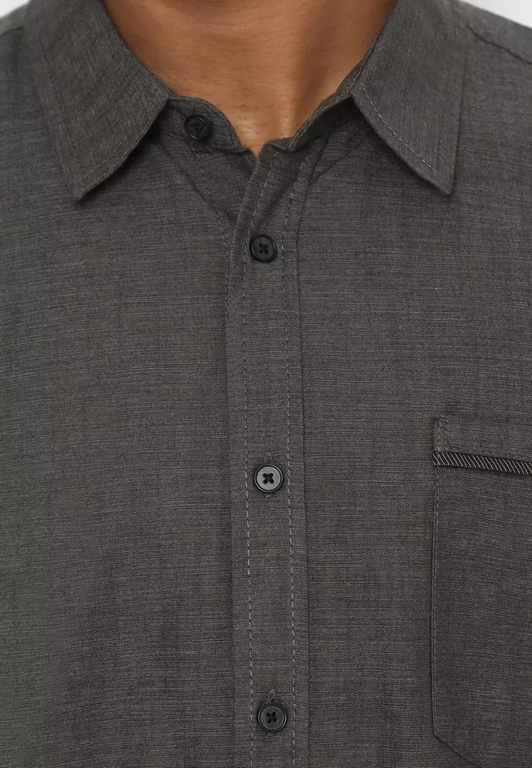 POLICE Kemeja Polos Cotton Twill Slub Hijau Tua Regular Fit Pria