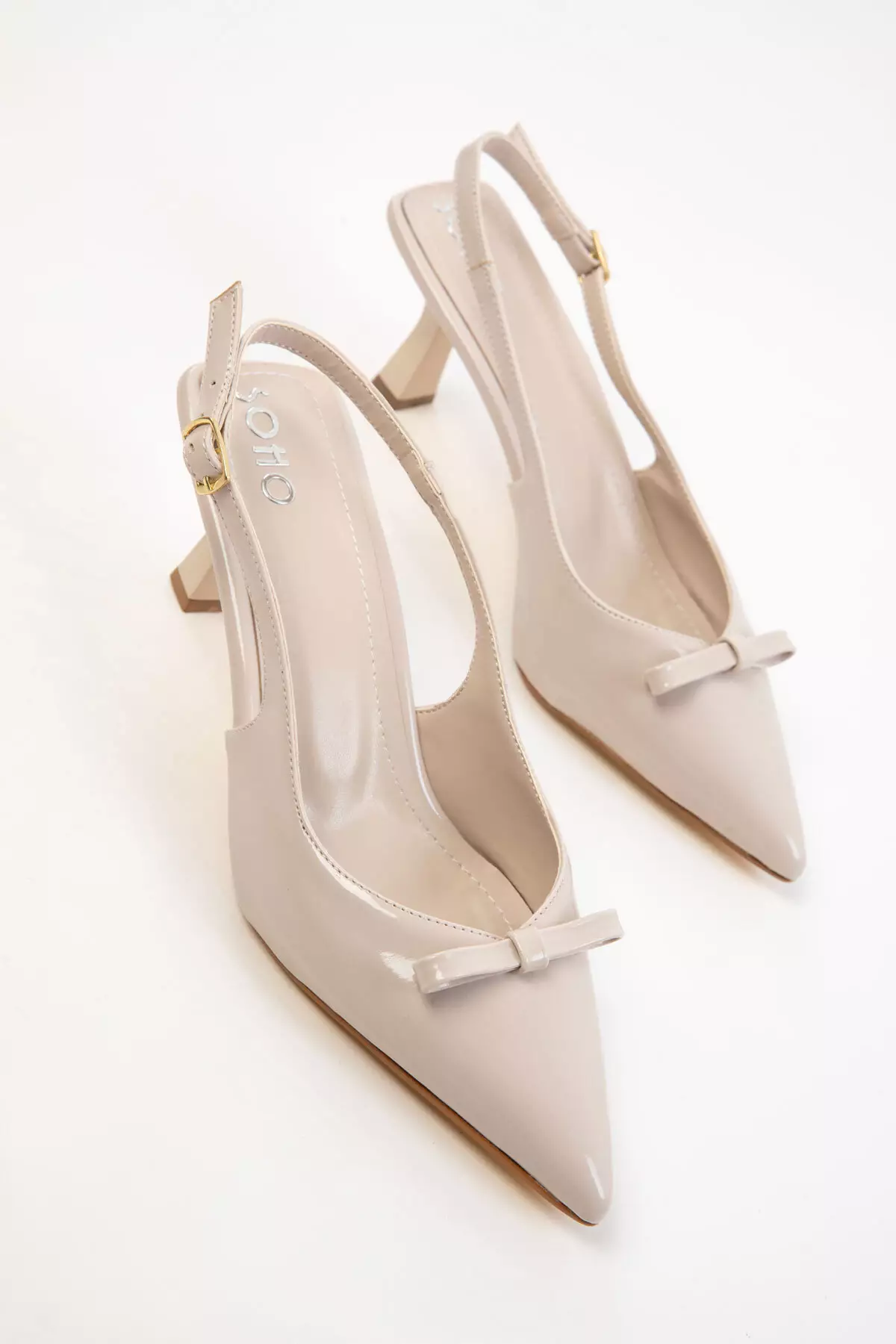 Beige Patent Leather Women's Classic Heeled Shoes 20597