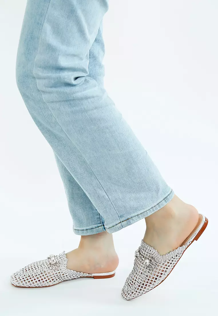 Metallic Woven Diamante Mules in Silver