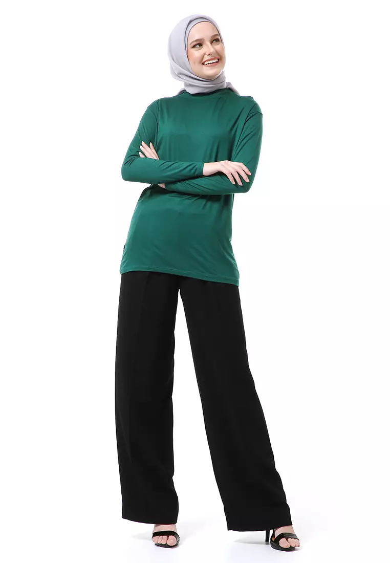 Zlora Manset Atasan Wanita Motif Polos Long Sleeve Reguler Fit - Hijau Botol