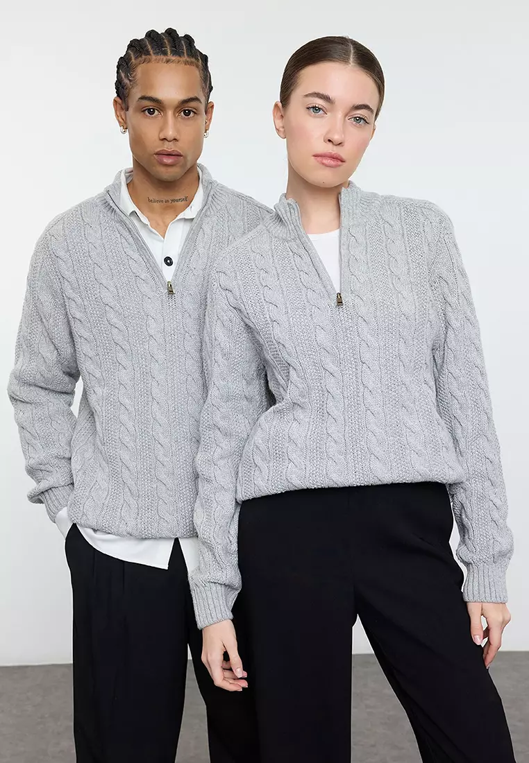 Grey Unisex Regular Fit Zippered Half Turtleneck Knit Sweater TMNAW21KZ0737