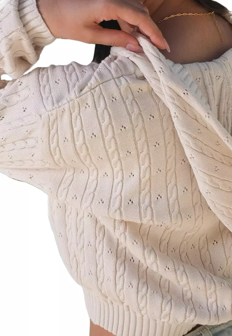 Long Sleeves Cable Knit Zip Up Hoodie