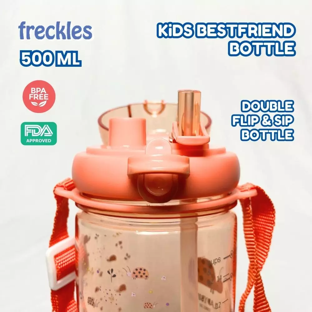 Freckles kid Bestfriend Bottle 500ml - Lady Bug Coral - Botol anak unik dengan 2 sedotan