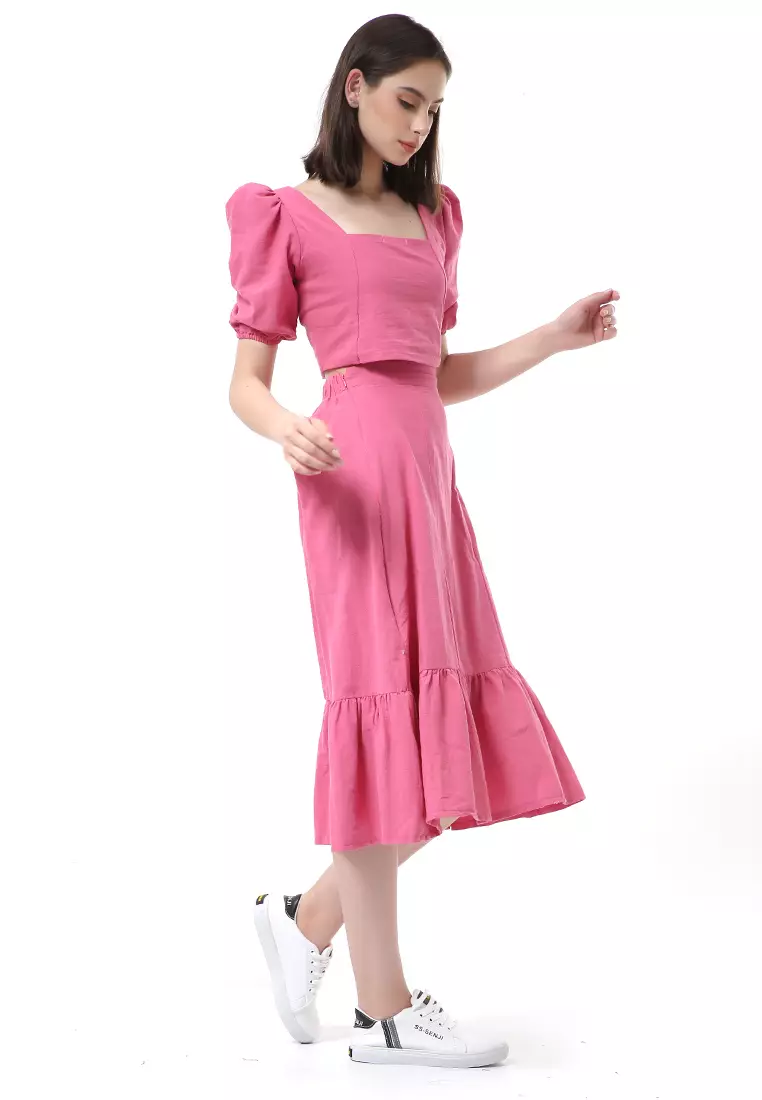 Nayra One Set Setelan Wanita Blouse Ruffle Lengan Pendek Midi Skirt Material Linen ORIGINAL - Fuschia