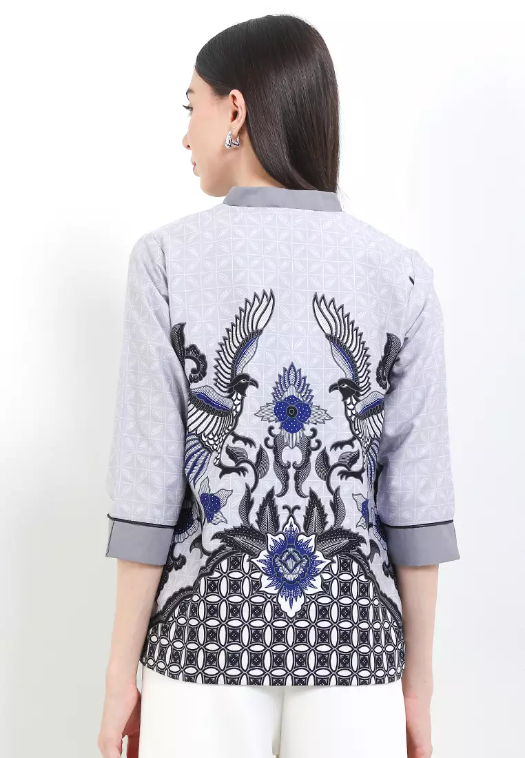 Blouse Atasan Batik Wanita Dirandra Furing Grey Lengan Panjang