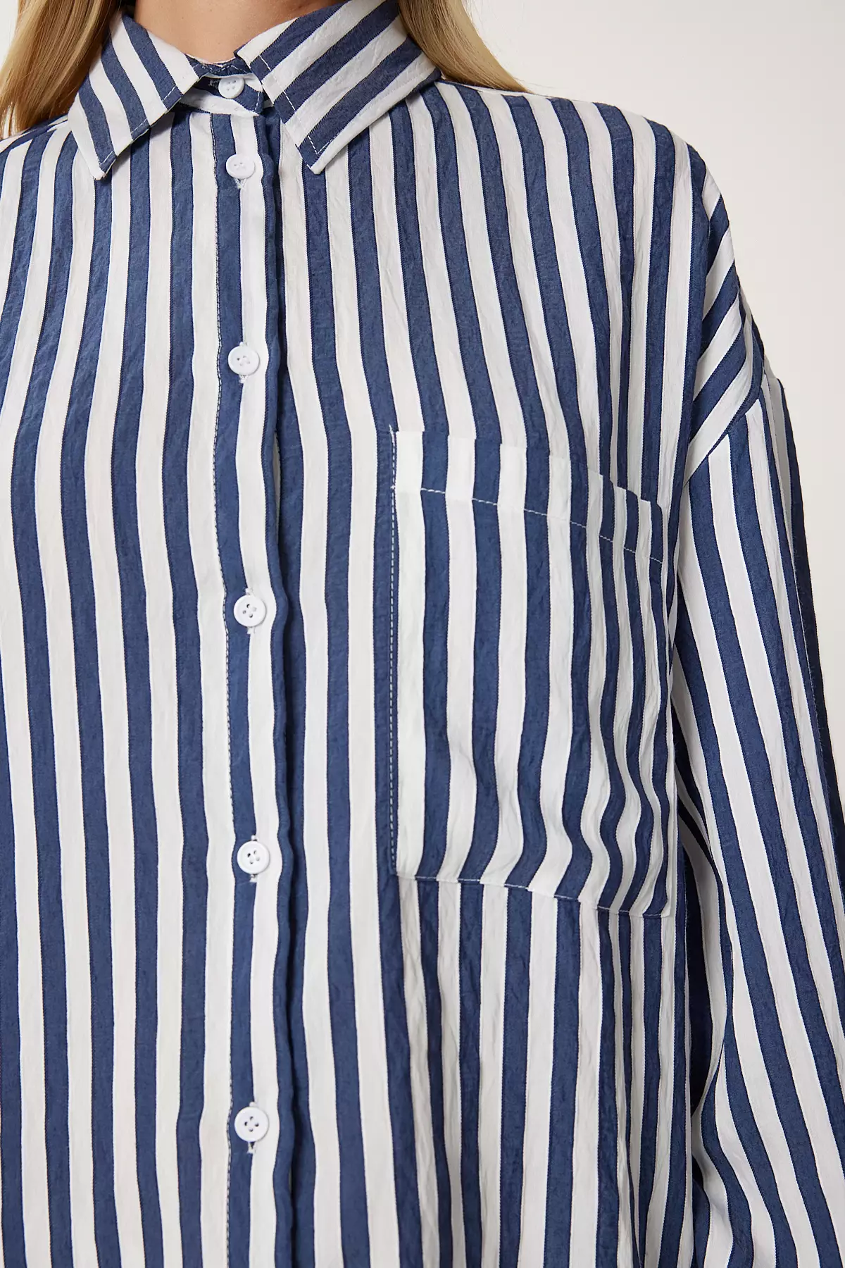 Women's Navy Blue White Striped Oversize Woven Shirt Dp00259