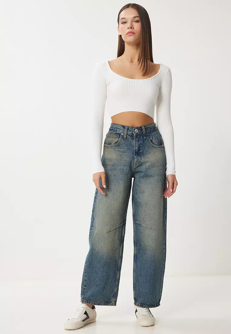 Women's Blue High Waist Faded Effect Baggy Jeans Ut00027
