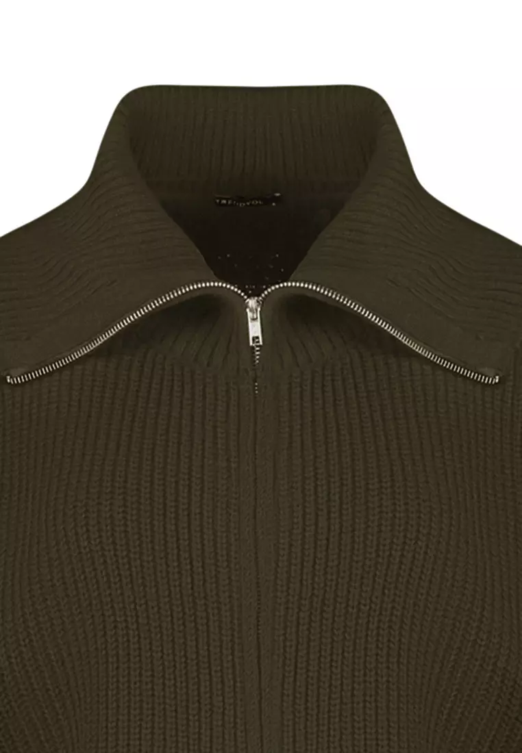 Turn Down Collar Zippered Khaki Knitwear Cardigan Wide Fit