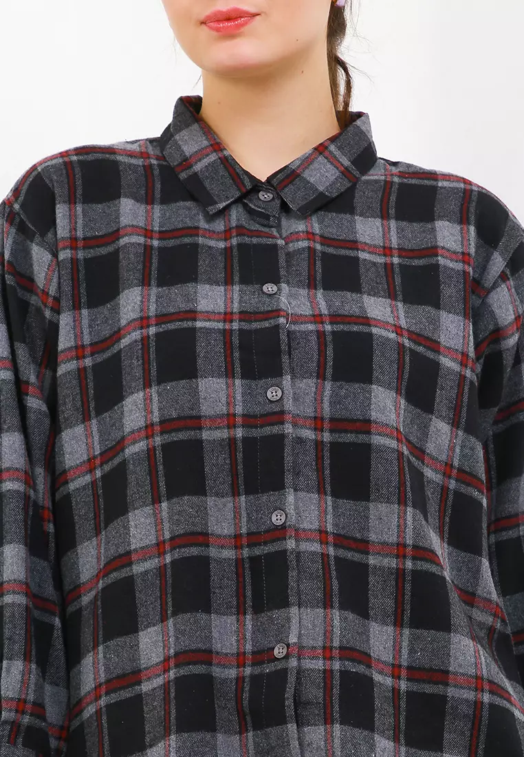 Kemeja Wanita Flanel Delly Grey Black
