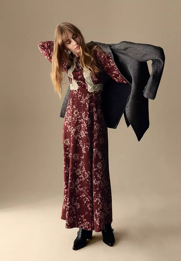 Satin Printed Round Neck Maxi Dress