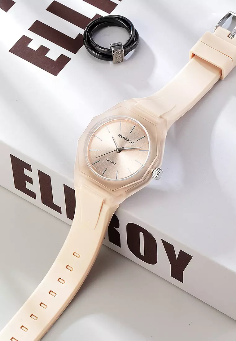 Jam Tangan Wanita Simple Analog Tali Silicone Anti Air Jam Tangan Cewek cream