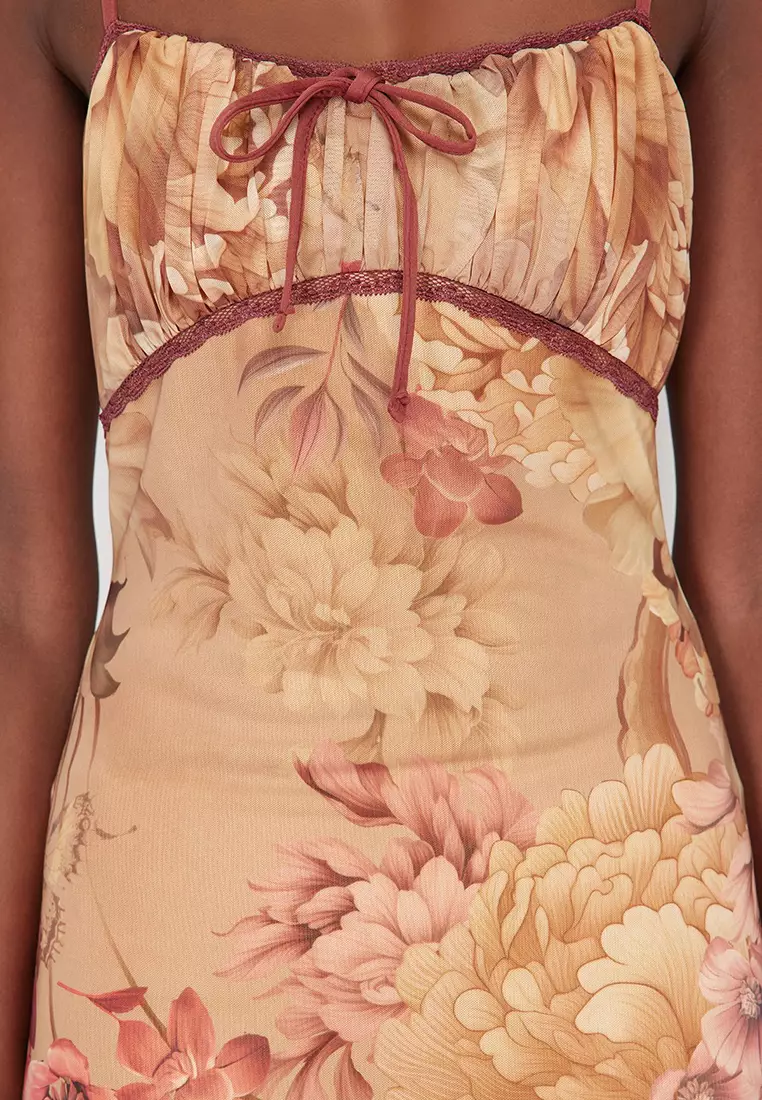 Multicolored A-Line Floral Patterned Ruffle Knitted Tulle Dress TPRSS24EL00133