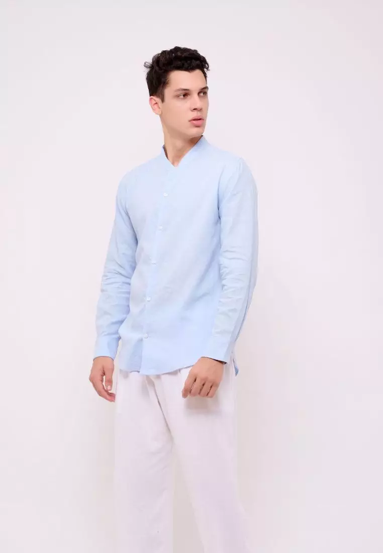Playa Kemeja Linen Lengan Panjang Pria Biru | Linen Long Sleeve Shirt Men Blue