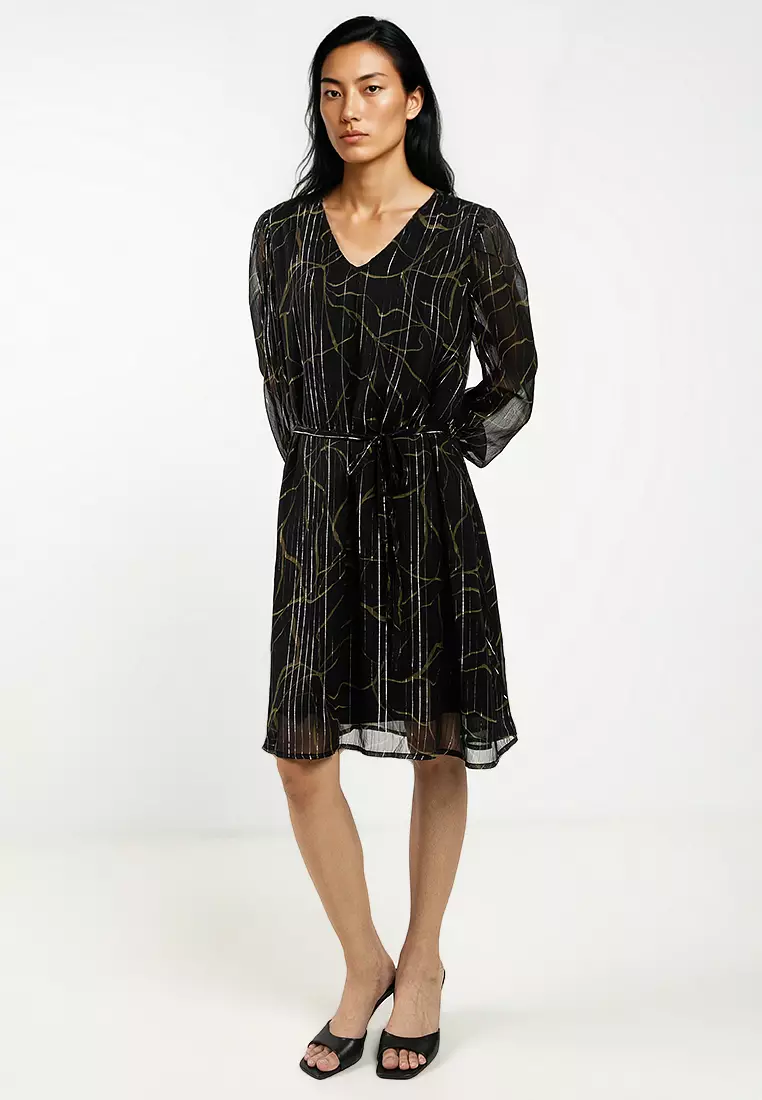 Long Sleeve V-Neck Belted Dress