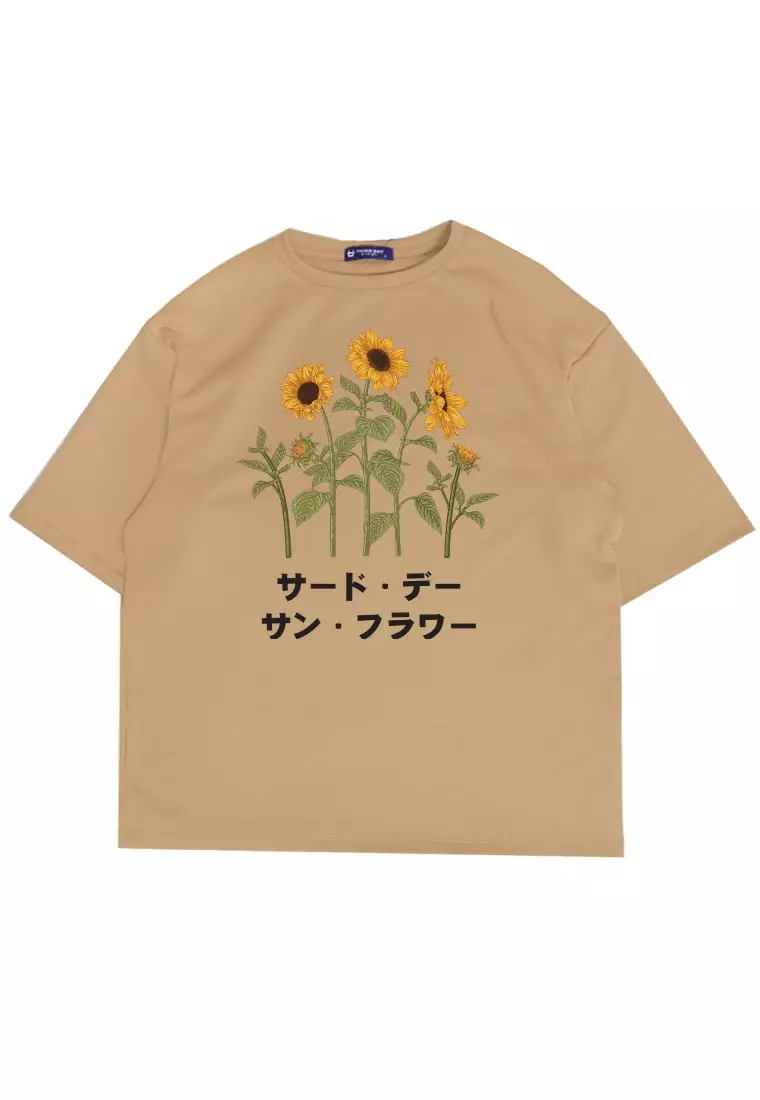 MTO44 kaos oversize gambar bunga matahari sun flower bahan tebal scuba distro pria khaki