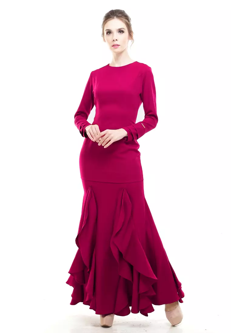 Zerra Kurung Modern Ruffle Skirt in Pink Maroon