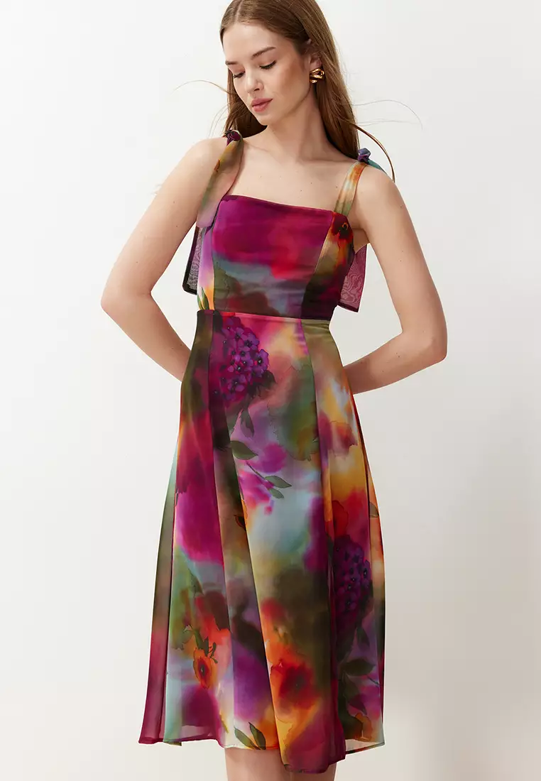 Tie Straps Floral Chiffon Dress