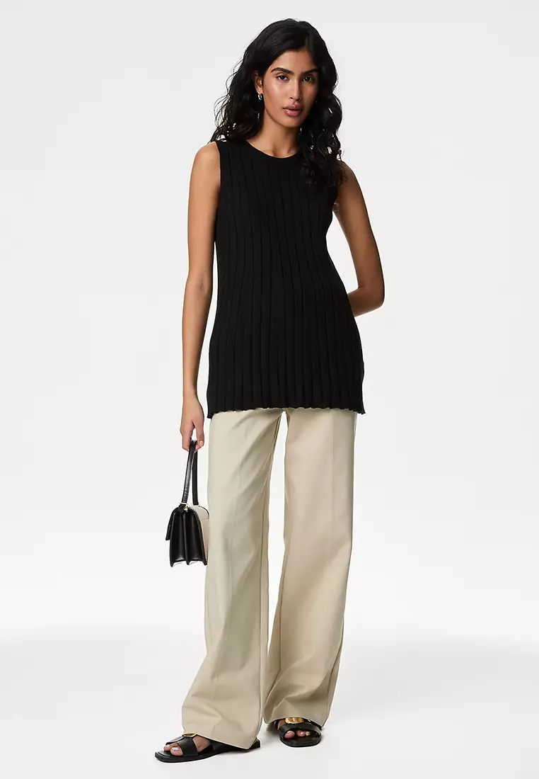 Cotton Blend Wide Leg Chinos