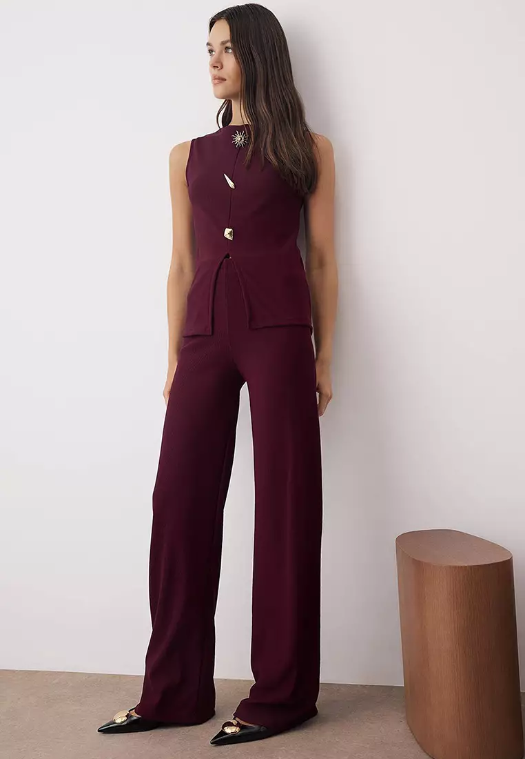 Plum Zero Sleeve Ottoman Bodycon Button Detailed Stretchy Knitted Bottom - Top Set Twoaw26Au83
