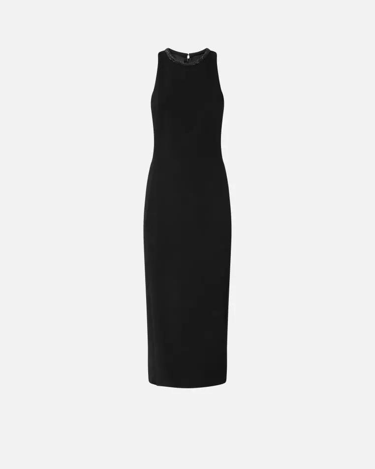 Black sheath dress with rhinestoned neckline